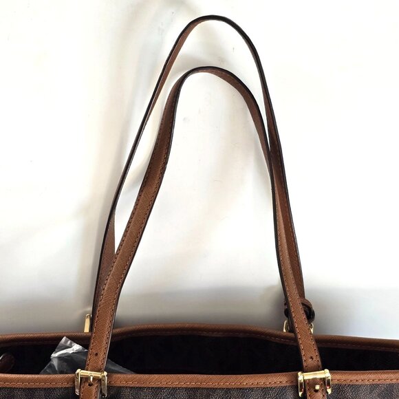 Michael Kors Jet Set Monogram Coated Canvas Tote LG Brown/Tan Front Snap Pocket - Picture 13 of 16
